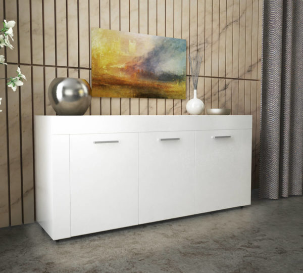 Sideboard with 3 Doors & 3 Shelves in White Gloss Color
