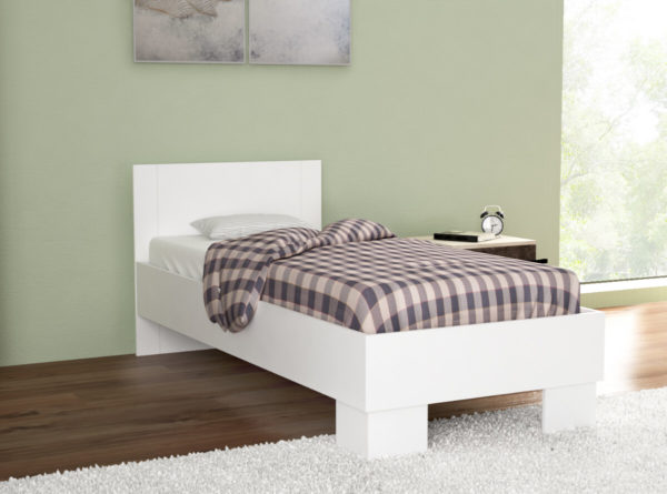 Single Size Bed in White Matt Color Including Solid Wooden Slats
